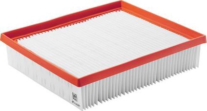 Rektangulärt vittt filter med orange ram och sittande veckad struktur på undersidan.