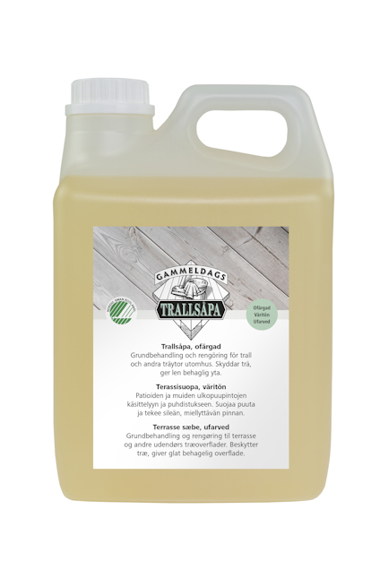 Dunk med etikett märkt "Gammeldags Trallsåpa".