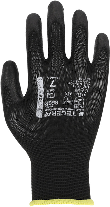 Svart arbetshandske med gummerad yta och vit text som visar storlek och certifieringar.