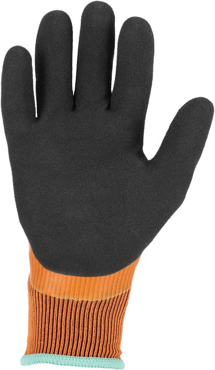 Arbetshandske i svart och orange med blå kant vid handleden.