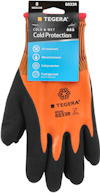 Arbetshandske Tegera 8833R, orange och svart, med text som beskriver kall- och våtskydd.