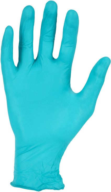 Turkos engångshandske i latex, öppen handflata och utsträckta fingrar.