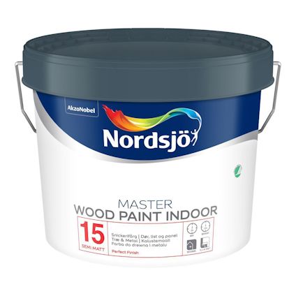Färgpyts med texten "Nordsjö Master Wood Paint Indoor 15 Semi Matt".