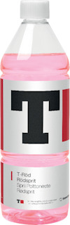 Plastflaska med rosa vätska, etikett med text: "T-Röd, Rödsprit, Sprit Polttoneste, Rödsprit".