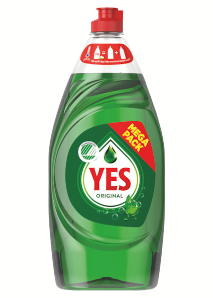 Grön flaska med Yes Original diskmedel, röd kapsyl, och etikett med texten "MEGA PACK".