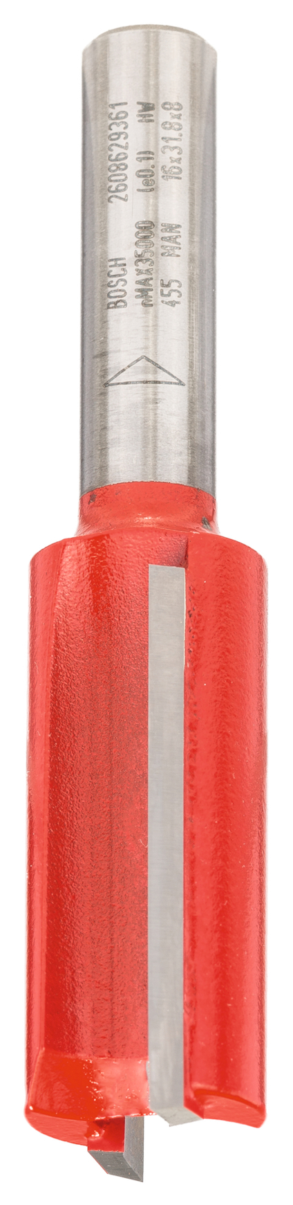 Brun rörfrässtål med röd plastbeläggning och metallaxel. Märkt med text och siffror.