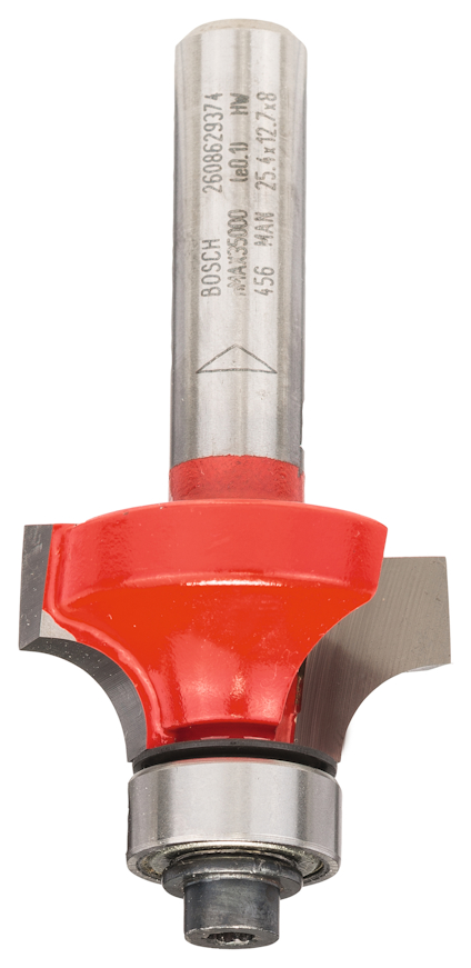 Röd och silverfärgad fräs med kullager och stansad text på skaftet.