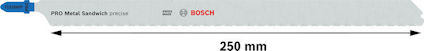 Tigersågblad märkt "PRO Metal Sandwich precise", längd 250 mm, Bosch-logotyp.