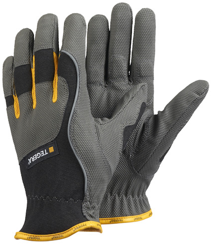 Grå och svarta handskar i syntetläder med gul mudd och sömmar, märket "TEGERA" tryckt på ovansidan.