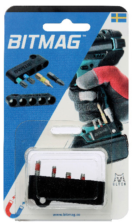 Förpackning med Bitmag-bithållare. Visar hållare och bits, samt en hand som använder verktyget. Text: "BITMAG", "www.bitmag.se".