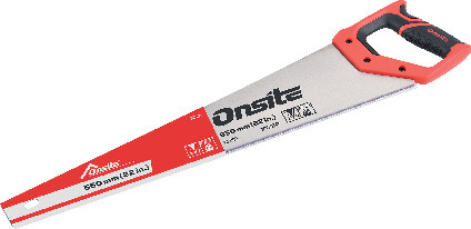 Handsåg med röd och svart handtag, märkeskylten "Onsite". Bladets längd: 550 mm (22 tum).