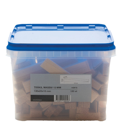 Plastlåda med trälister, märkning: "TRÄKIL MASSIV 13 MM, 130x23x13 mm, 120 st, 142910".
