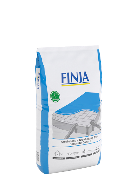 Påsen har blå och vit design med etiketttext: "FINJA Grovbetong/Concrete Coarse", och en illustration av blandning.