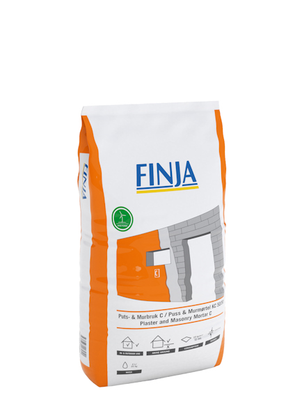Påsen är vit och orange med texten "Finja" och en illustration av en vägg.