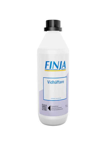 Vit flaska med svart kork, etiketterad "FINJA Vidhäftare".